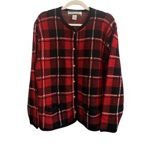 Plaid Button Front Cardigan Crystal Kobe Sweater XL Cozy Knit Pockets